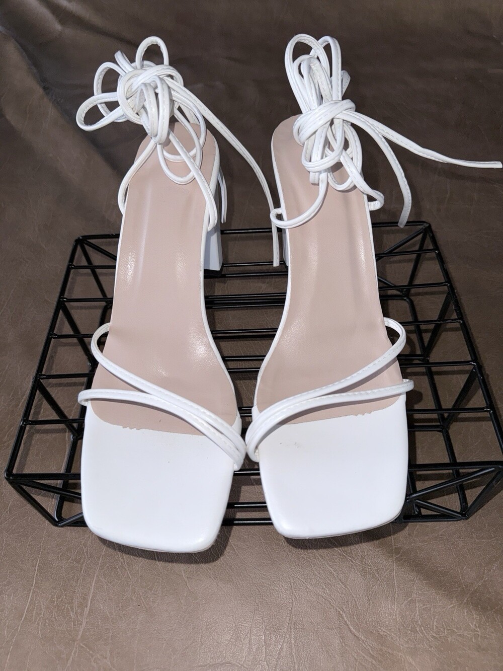 White Strappy Lace Up Block Heel Square Toe Synthetic Women's Sandals